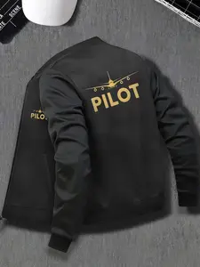 Men's Pilot Jacket with Back Print, Zipper Stand Collar, Slim Fit Aviation Coat, Polyester, Casual & Formal Wear