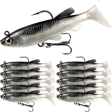 10 Pcs Fishing Tackle Kit - Bass Lures, Jig Head Swim Shad, Soft Plastic Paddle Tail Swimbaits, Sinking Trout Baits, Sink-Action Accessory for Saltwater/Freshwater Angling
