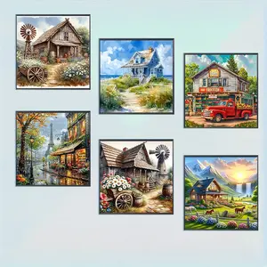 6pcs Rural Landscape Diamond Painting Kit, Diamond Pattern Design, Adult Art Craft Set, Frameless DIY 5D Diamond Art, Home Decor, Full Round Drill