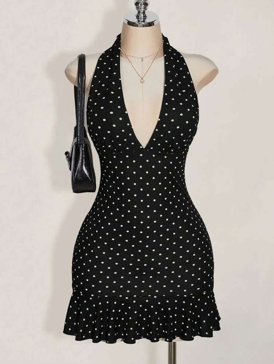 Plus Size Deep V-Neck Polka Dot Vintage Mini Dress,Elegant 1920s Flapper Summer Vacation Clothes,Night Out Club,Wedding Guest Black And White Dress