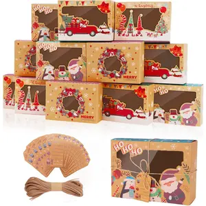 12 count Christmas Cookie Boxes for  Giving, Christmas Bakery  Boxes with Window, Holiday Cookie Boxes with Ribbons and Tags for Xmas Party Supplies Cookie Containers  Tins
