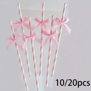 Flashy Bow Decorative Straws, Cute Cartoon Stripe Paper Straws, Party Supplies, Kitchen Dining, Birthday, Wedding, Outdoor Camping
