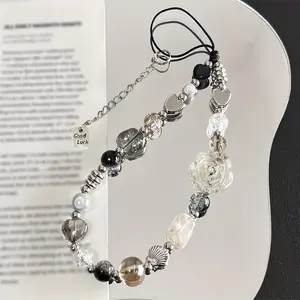 Black Y2K 3D Rose Flower Phone Chain Trendy Pendant for iPhone Universal Accessories Cute Phone Hanging Rope for Girl Jewelry Chain Lanyard Charm Strap Wrist Crystal Bead Hanging Cord Bracelet Keychain for iPhone Camera Sweet Girl Woman