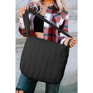 Black Quilted Zipper Large Shoulder Bag