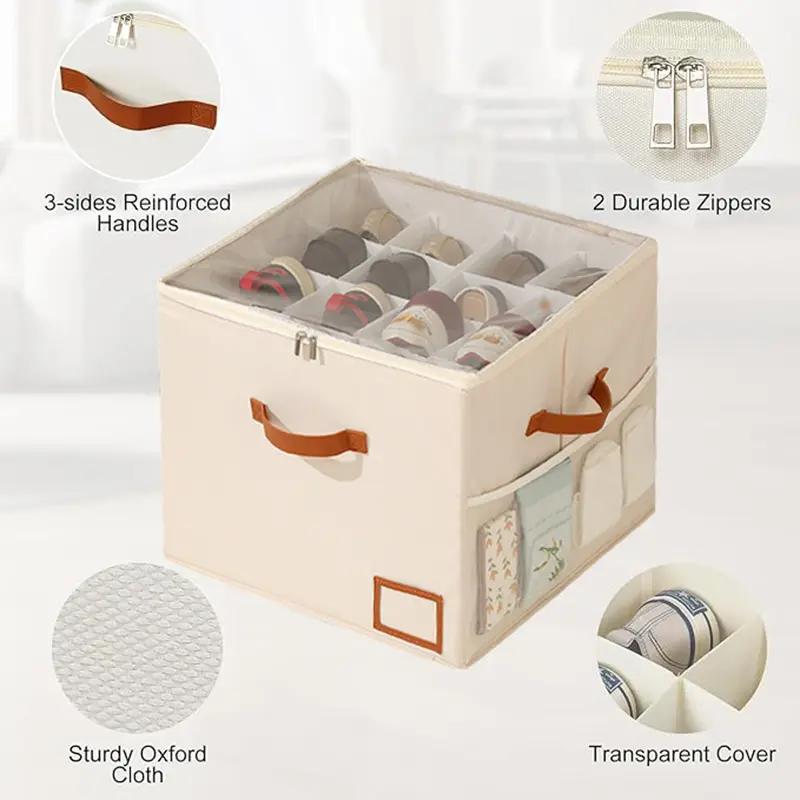 Shoe Organizer for Closet – Fits Up to 8–16 Pairs, Fabric Shoe Storage Bins with Clear Cover, Adjustable Dividers, Foldable Space-Saving Box Compartment Racks Shelf (Beige), Perfect for Back to School & Mother’s Day Gift