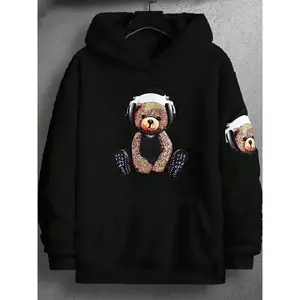Men’s hooded sweatshirt with a cartoon bear print, warm lined pockets, autumn/winter regular fit casual long sleeves—men’s everyday wear GARMENTARY