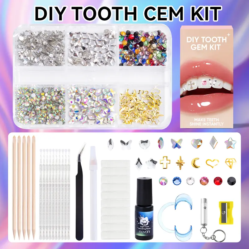QIAO CRYSTAL Unisex DIY Tooth Gem Starter Kit - Plastic DIY Accessories, Teeth Accessory with Glue and Light Tools, Rhinestones for Simple Smile Upgrades, All-Seasons Fashion Decor Multi-Pack