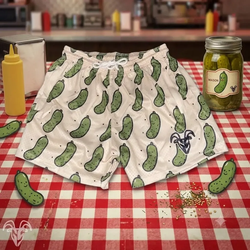 GOAT Cream Winking Pickle Speckled Mesh Shorts Winking Cartoon Pickle with Alien Patch Loose Fit Gym Athletic Casual Streetwear Workout All Season Breathable Comfortable Pepper Graphics Summer Short Quick Dry Short
