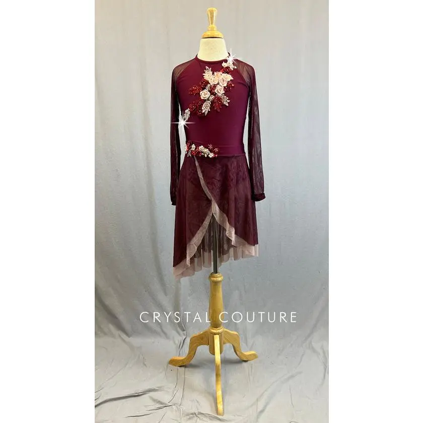 Maroon Leotard with Mesh Sleeves and Dusty Pink Skirt and Appliques - Rhinestones