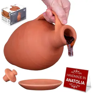 Anadolu  Clay Water Pitcher Set | Unglazed Terracotta Water Carafe & Plate | Traditional Small Mud Jug | Pottery Jar for Drinking Water (Small - 51 oz)