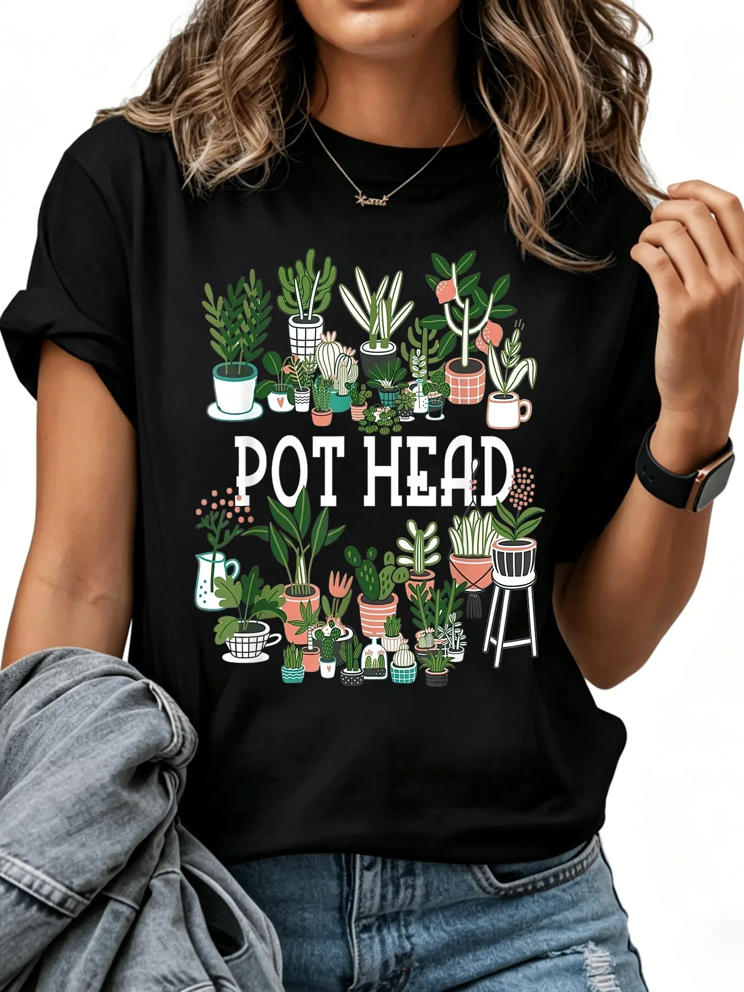 Men's Casual Graphic T-Shirt - Unisex Menswear Fashion Matching 100% Cotton Short-Sleeve Top for Plant Lovers, Funny "Pot Head" Succulent Design, Comfortable Sports & Outdoor Wear, Shortsleeve