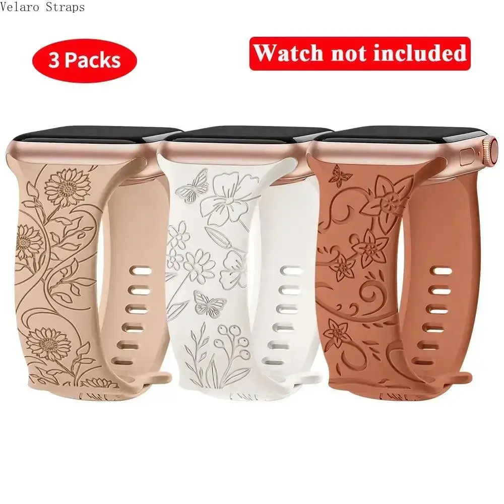 Watch Bands for Women, 3-Pack Floral Silicone Replacement Straps, Soft Breathable Multicolor Smartwatch Accessories