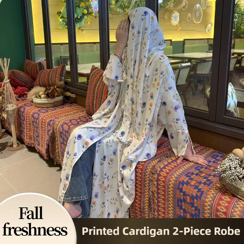 【FallFreshness】CL69 - 6 Floral Butterfly Hijab cardigan for women, Two piece set, Bat sleeve, Cropped cuff, Cool and ventilated design, Holiday Style,