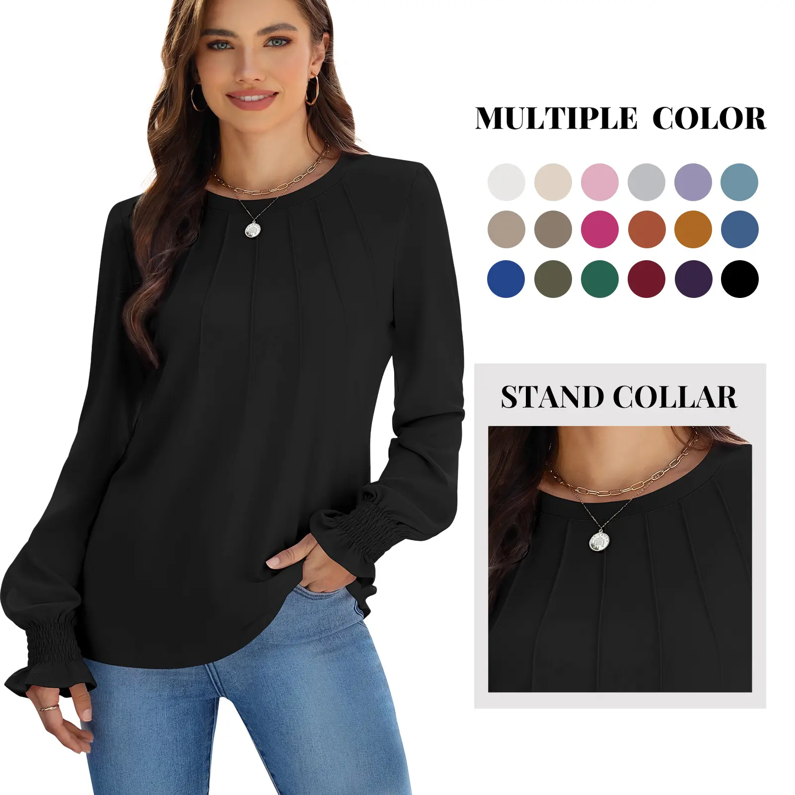 Women's Tunic Blouse with Elegant Puff Sleeves & Pleated Front, Knitted Top for Office Work, Layering with a Blazer or Cardigan, Skirts, Basic, School, Elegance, Shirt, Ruffled, Lightweight, Everyday, Cute, Blouses, Knit Fabric, Foldable, 2Xl