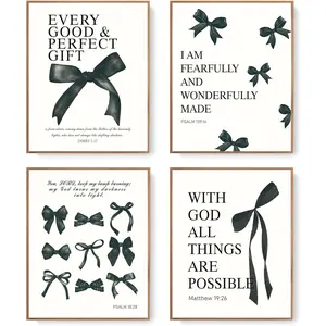 Coquette Black Bow Posters Prints, Black Bow Room Bedroom Bathroom Aesthetic Teen Girls Gifts, Inspirational Bible Verses Bow Decor, 12x16 Inch Set of 4 Unframed Bow Pictures