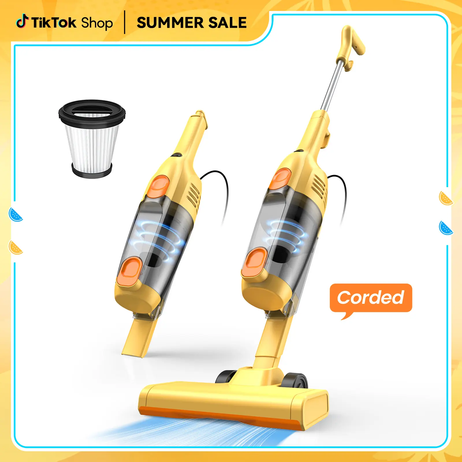 INSE R6X Aspiradora Escoba con Cable 600W 15KPa, Ultraligera sin Bolsa, 3 en 1 de Mano para Hogar, Alfombra, Suelo Duro, Pelo de Mascotas y Coche Amarillo Upright Vacuums pet lovers Summer Sale