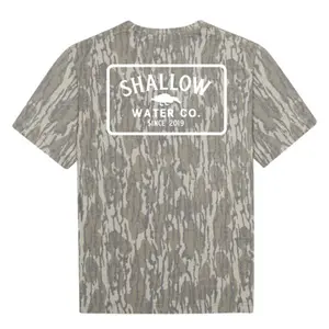 Shallow Water Co Letter Printing Original Bottomland Pattern Mossy Oak Washed Out Camo Tee, Mossy Oak Shallow Water Co Letter Printing Original Bottomland Short Sleeve Camo Shirt