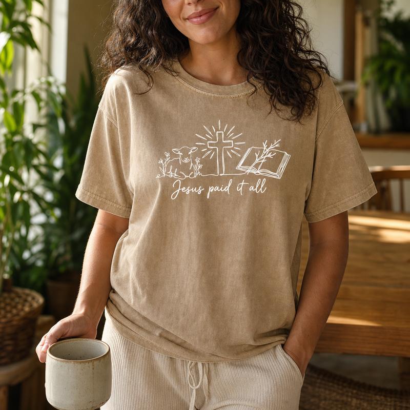 Women's Short-Sleeve Drop Shoulder Crew Neck Christian Graphic Print Tshirt - Inspirational Tee with "Jesus Paid It All" Faith Message for Casual Wear