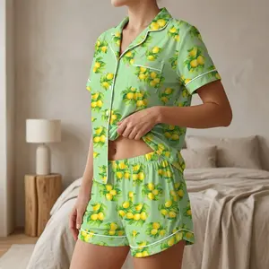 Women's All Over Lemon & Leaf Print Short Sleeve Lapel Shirt & Elastic Waist Shorts Pajama Set, Soft Cotton Blend, Casual Comfy Sleepwear & Loungewear for Summer, Two-Piece Button Front PJ Set