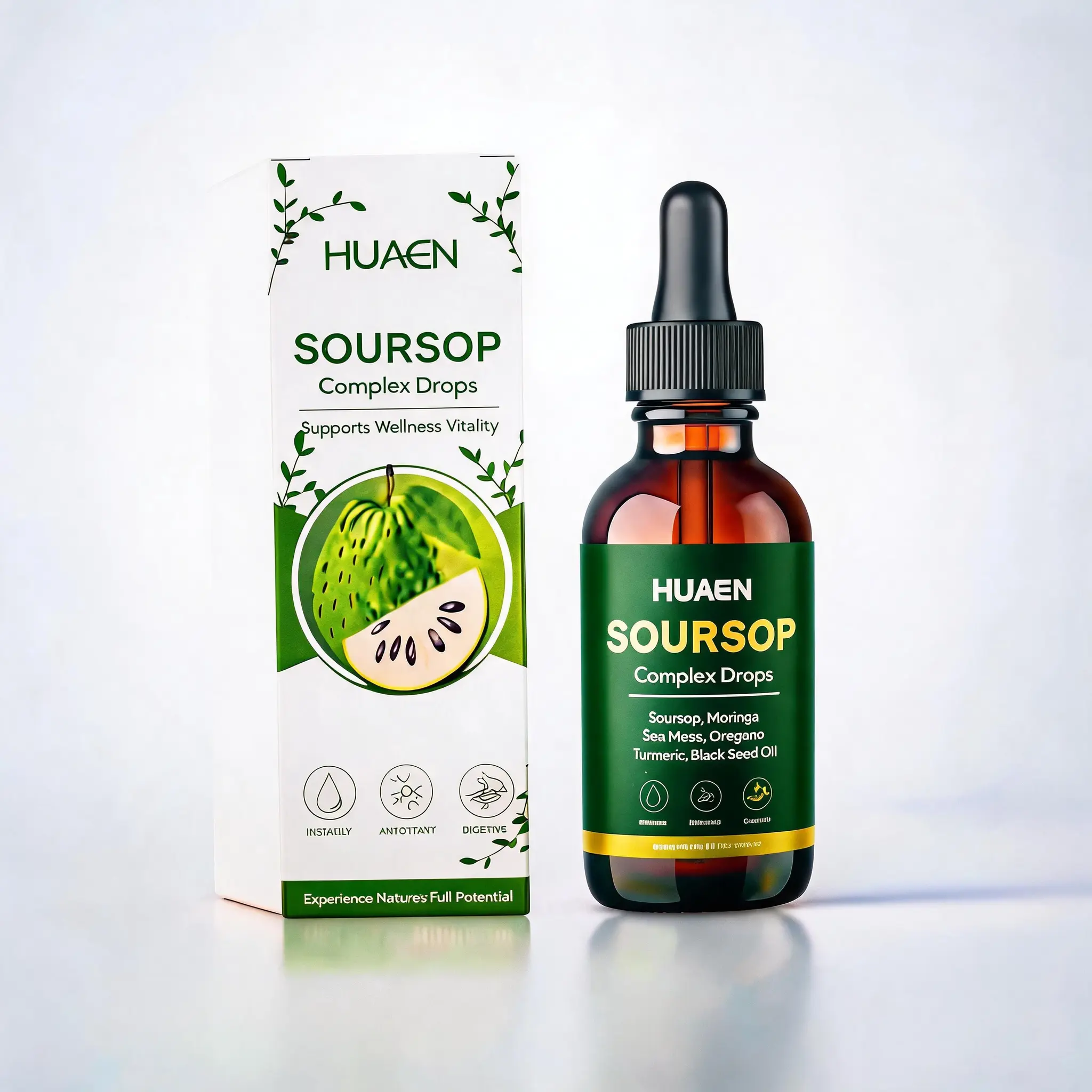 HUAEN Soursop Bitters Liquid Drops 10-in-1 with Nori Moringa Turmeric Black Seed Oil Oregano Ashwagandha  Extracts for Overall Health Vegan Non-O 2 fl oz Healthcare Natural Dietary Supplement Fitness Edible Vitamin，Soursopbitter  Herbal Daily