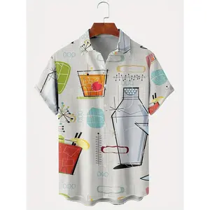 Men's 60s Retro Atomic Cocktail Print Short-Sleeve Shirt - 3D Pattern, Menswear Top, Casual Beach Style, Boyfriend Fit, Summer Comfortable Daily Wear