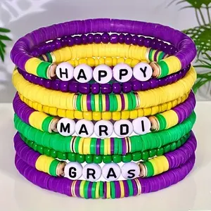 Mardi Gras Celebration Bracelet Set - Colorful Soft Clay Beads, Stretchable Friendship & Bohemian Style, Couple's Jewelry Party