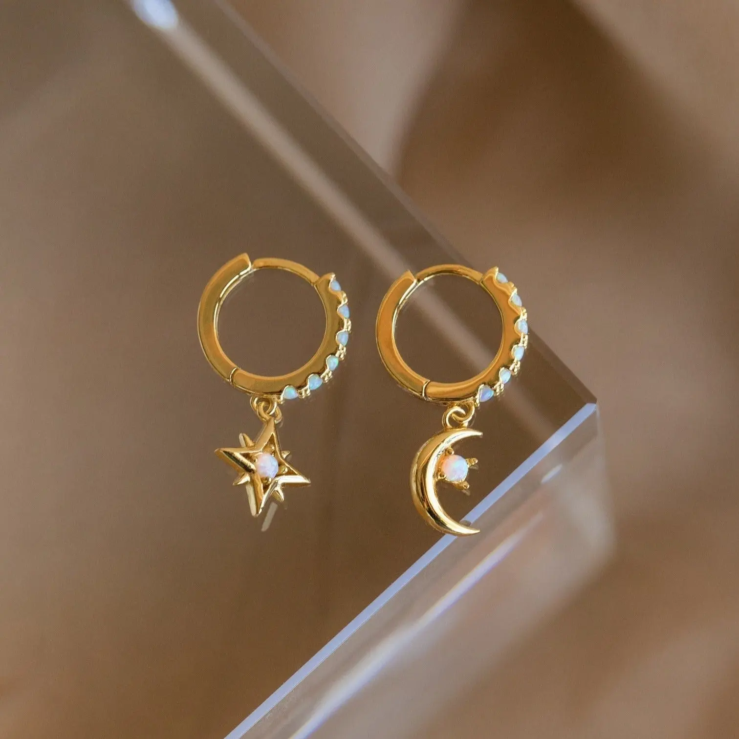 Astra Moon & Star Huggies by Caitlyn Minimalist - Dainty Celestial Opal Drop Earrings - Boho Summer Jewelry - Birthday Gift