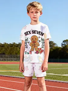 Christmas Gingerbread Man Two-Piece Short Sleeve and Shorts Set, 100% Polyester Casual Loose-Fit Outfit, Summer Fun Printed Pattern, Outdoor Sports T-Shirt Set, Perfect Gift for Boys