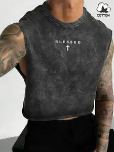 American Vintage Washed Religious Sleeveless Vest, Soft Cotton, Breathable, Short Loose Fit, Gym, Streetwear, Skateboarding, Gymwear