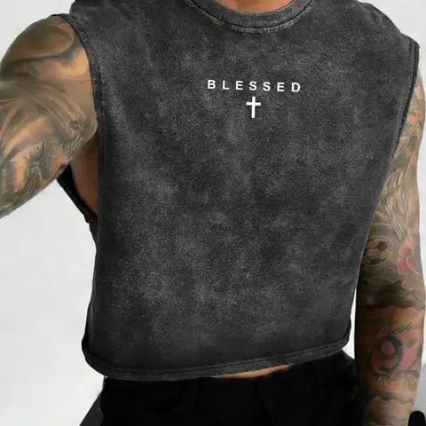 American Vintage Washed Religious Sleeveless Vest, Soft Cotton, Breathable, Short Loose Fit, Sports Fitness Vest, Gym, Streetwear, Skateboarding, Sleeveless Workout Vest, Workout Apparel, Workout Clothing