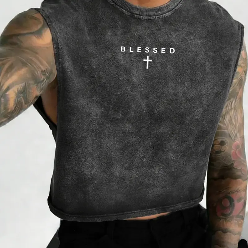 American Vintage Washed Religious Sleeveless Vest, Soft Cotton, Breathable, Short Loose Fit, Sports Fitness Vest, Gym, Streetwear, Skateboarding, Sleeveless Workout Vest, Workout Apparel, Workout Clothing