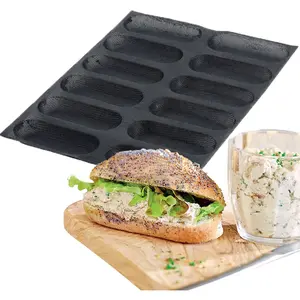 FETESUR Silicone Perforated Bread Mold for Baking, 12 Individual Oblong Baking Forms, Hot Dog Bun Mold, Silicone Molds for Making Crispy Bread Rolls, Eclairs and Milk Breads