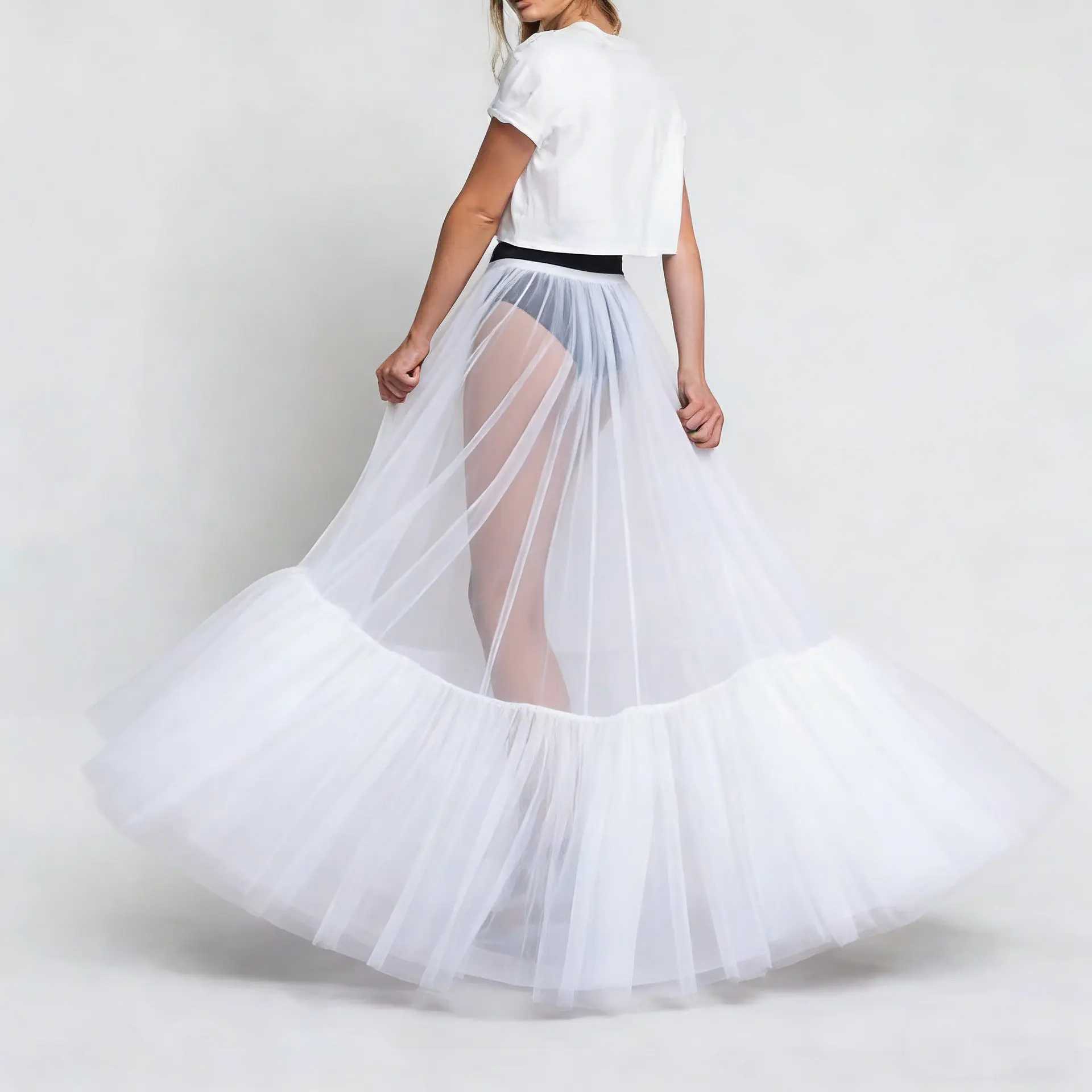 Puffed Fishtail Stiff-net Petticoat With Ruffled Hem Sheer Mid-length Skirt