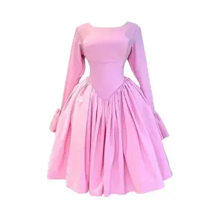 Elegant Women's Dress 2025 New Style Round Neck Long Sleeve Tied Waist High-Waisted A-Line Dress Casual Womenswear Check Light Gamis Basic Minimalist Pink