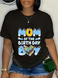 100% Cotton Mom Of The Birthday Boy Funny Blue Dog Family Matching T-Shirt Vintage Everyday Women Graphic