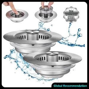 All Metal Kitchen Sink Strainer Stopper Combo - Stainless 3-in-1 Pop Up Sink Drain Strainer with Handle Rod for US Standard 3-1/2 inch Drain Filter, Anti-Clog