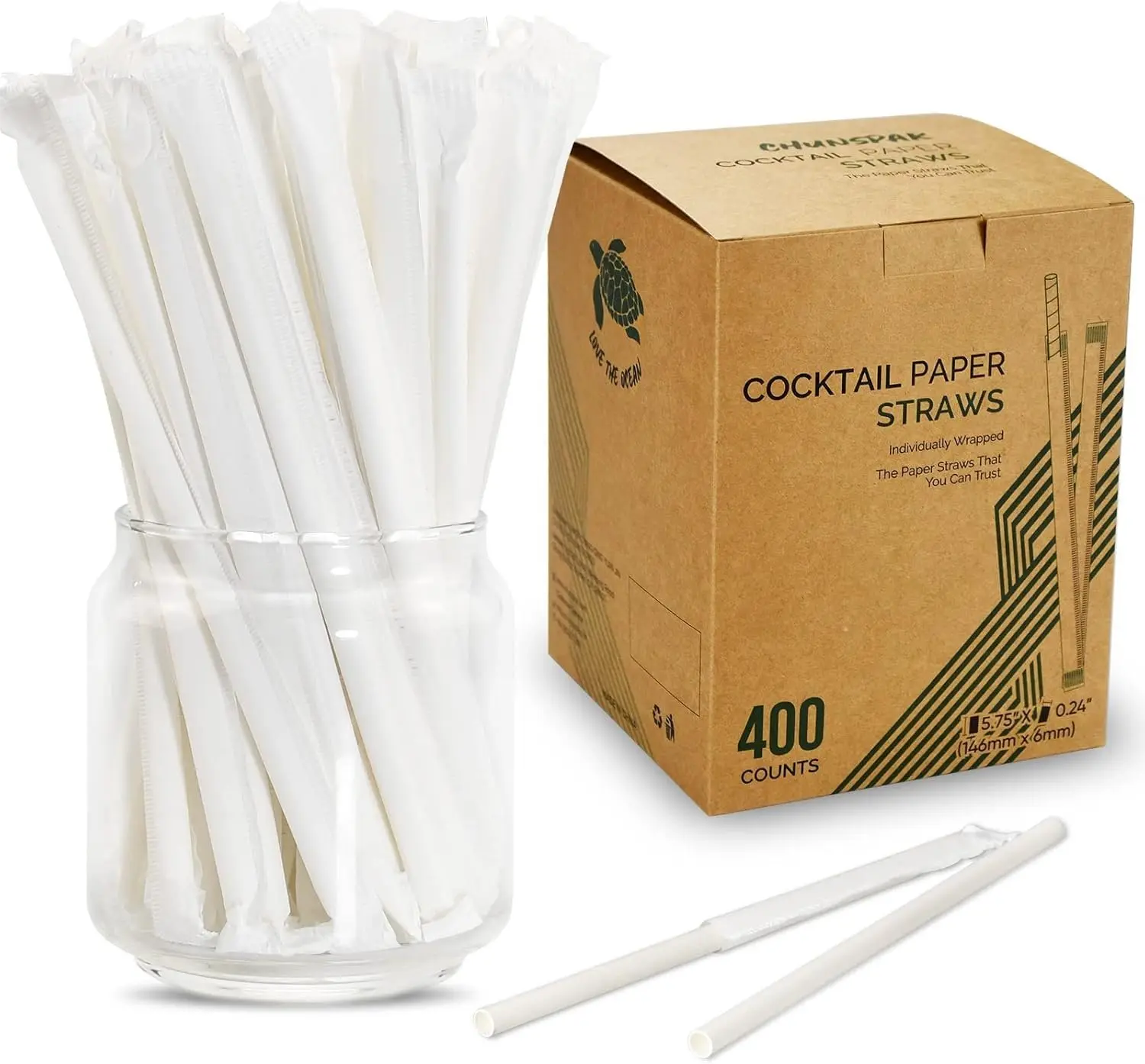[400 Pack] Sturdy Compostable Short Paper Straws Individually Wrapped, 5.75" x 0.24" Dye-Free White Utensils for Milk Cartons, Coffee & Other Drinks