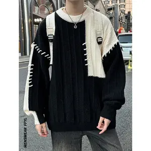 Men’s patchwork off-shoulder sweater, autumn and winter casual long-sleeve crewneck jumper, fashionable men’s knitwear for everyday wear