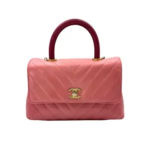 Pre-owned CHANEL Calfskin Crossbody Bags CoCo Handle Pink Chevron Quilted Leather Medium Size Lizard Handle Bag(25***80) CC1633