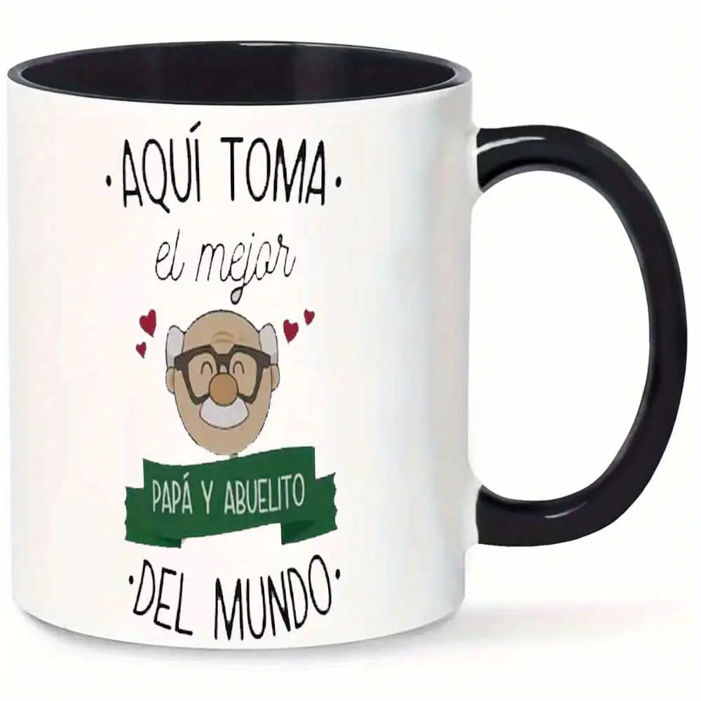1pc ACMALCO 11oz Coffee Mug with Inspirational Spanish Quote "Best Dad & Grandpa" - White Exterior & Black Interior, Cartoon Design, Reusable Gift for Father’s Day, Birthdays, Hand Wash Only, Playful Grandpa Design |   Sturdy Handle Design