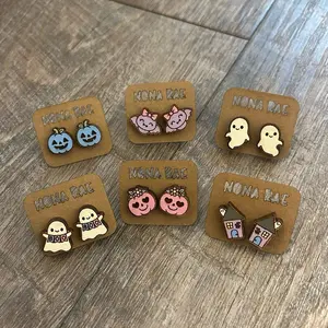 Pastel Halloween Stud Earrings – Cute Ghosts, Pumpkins, Bats & Haunted House – Laser Cut Wooden Earrings