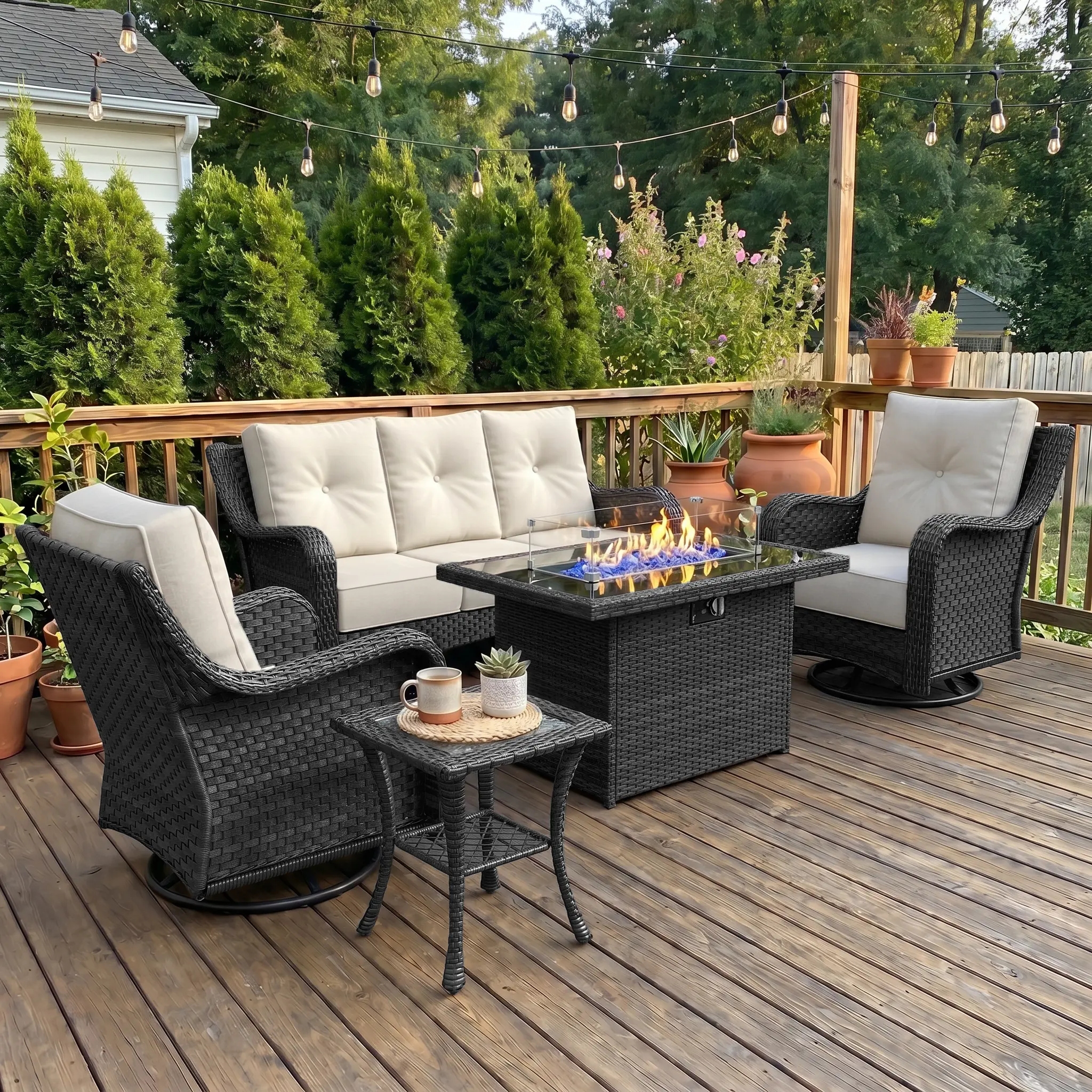 LayinSun 5 Piece Wicker Outdoor Furniture Set with 6-inch Comfy Cushions, High Back Patio Furniture Set with Swivel Rocking Chairs and Fire Pit Table