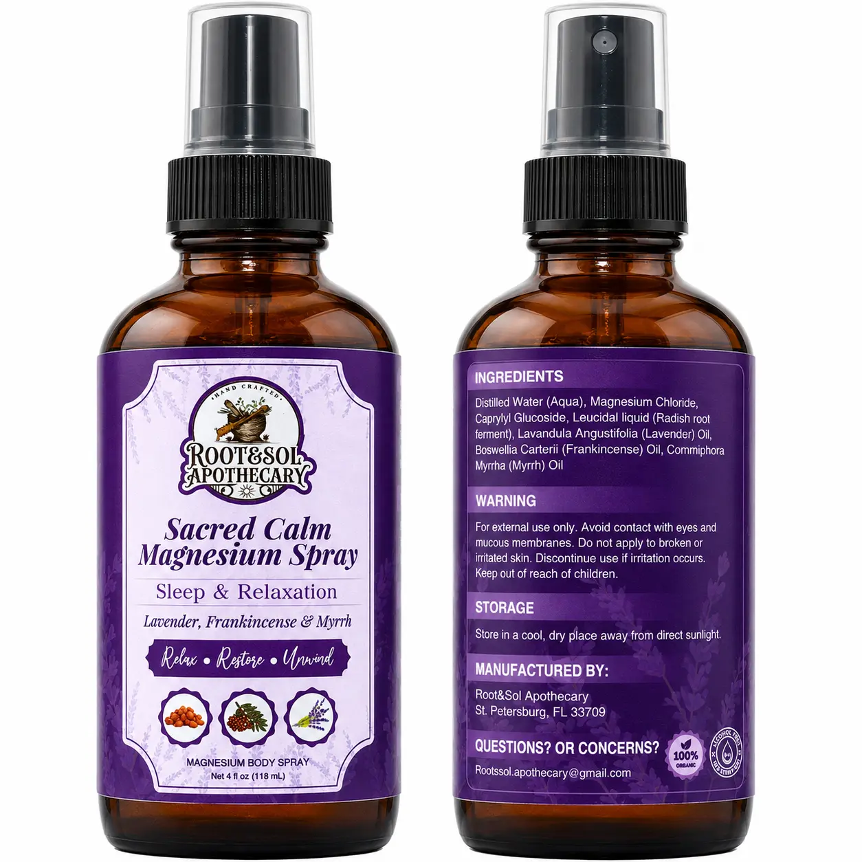 Sacred Calm Magnesium Spray with Lavender Frankincense Myrrh, Topical Magnesium Body Spray, Relaxation Mist, 4 fl oz