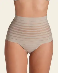Leonisa UltraStripe Undetectable Slimming Lace Stripe High-Waisted Thong Panty - Stripe Pattern for Smooth Mid-to-Lower Tummy, Seamless & Invisible - Bottom