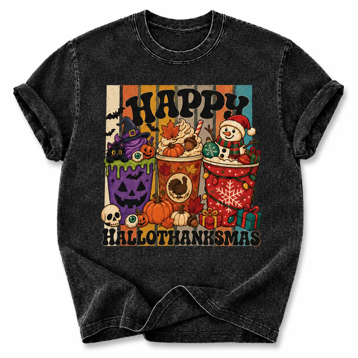 Happy Hallothanksmas  ~ Unisex Crewneck Acid Washed T-Shirt & Sweatshirts Made in the USA Oversized - Retro Spooky Season Fall Shirt, Multiple Colors, S-3XL