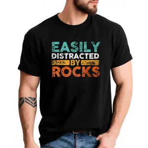 Easily Distracted By Rocks Geology Gift T-Shirt - Adult Casual Loose Fit Black Tee with Distressed Typography & Rock Pattern Design,