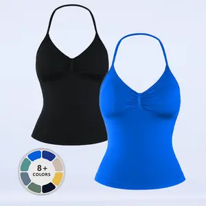 Women Seamless Longline Halter Gym Top High-Strap Backless Yoga Tank With Removable Pads Performance Activewear For Fitness Running Training