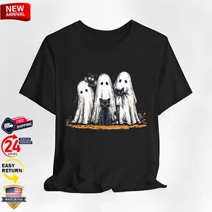 Retro Halloween Ghost and Cat T-Shirt Featuring Spooky Ghost and Preppy Floral Halloween Design for Fall Fans