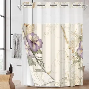 1pc hookless shower curtain with buckle lining, spring purple and white floral scrollwork design, 2D flat printing, fabric waterproof lining, see-through double-layer shower curtain, 71 x 74 inches, modern home draping curtain, Bathroom Shower Equipment