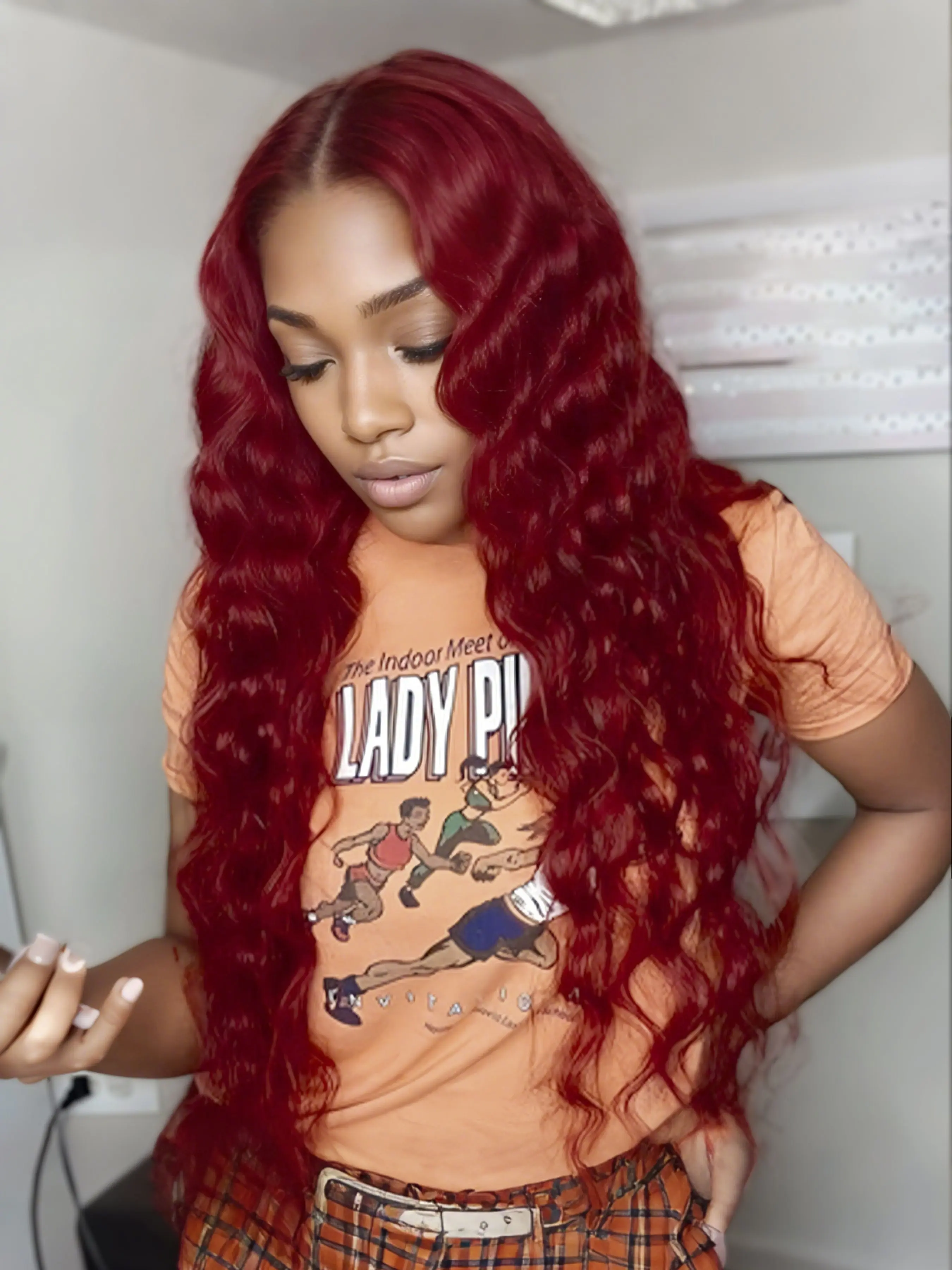 Burgundy Red Synthetic Lace Front Wigs Deep Wave Natural Hairline 13x4 HD Transparent Lace Wig Water Wave Lace Frontal Wigs for Party Christmas Halloween 32 Inch Snatched Wig Curly Wig Glueless Curly Wig Deep Wavy Wigs